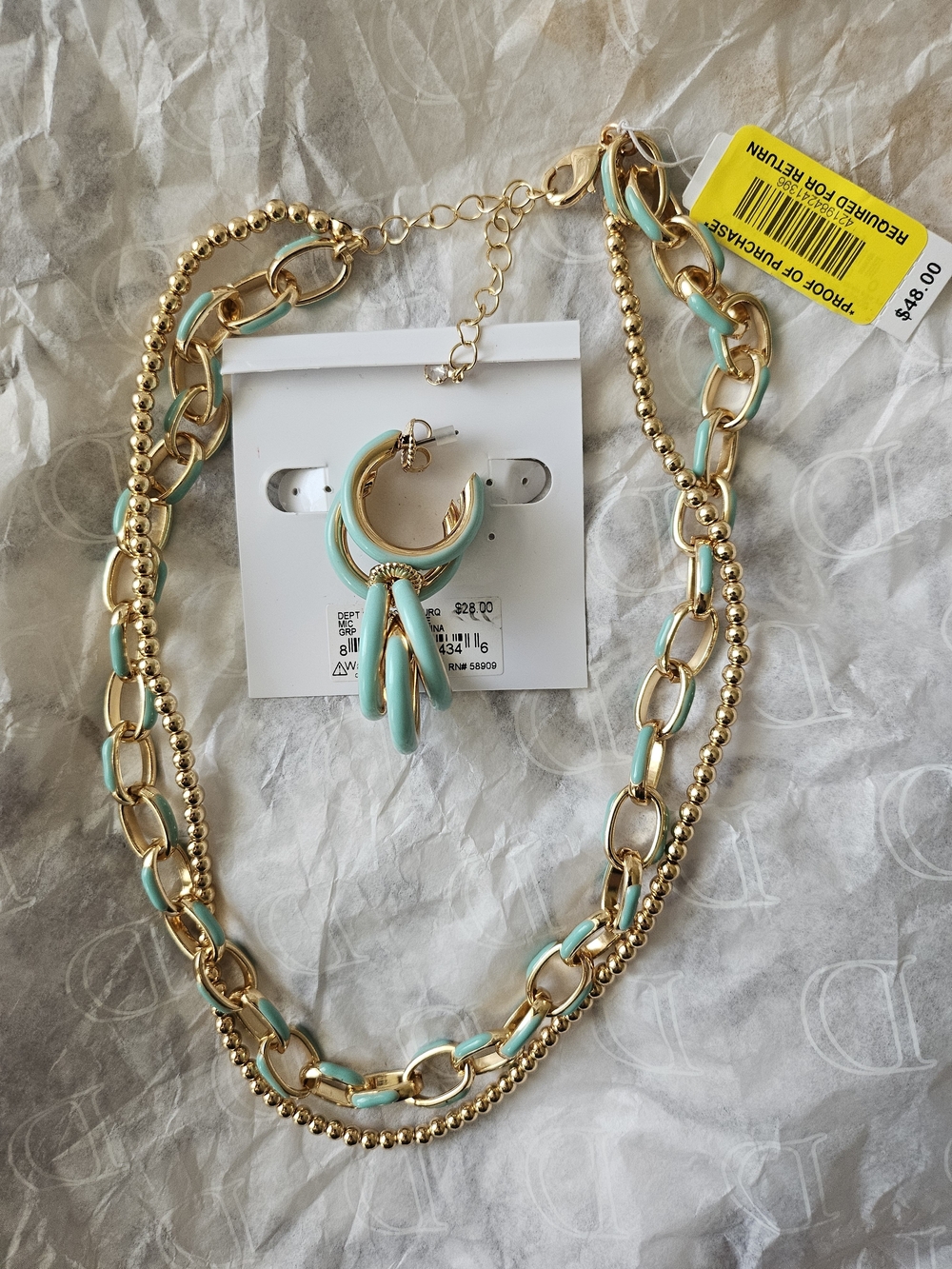 Gold and Mint Green Layered Necklace & Hoop Earring Set - Women Jewelry
